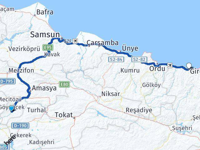 Amasya Göynücek Giresun Arası Kaç Km - Yol Haritası