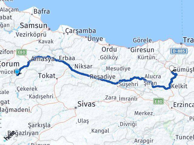 Amasya Göynücek Gümüşhane Arası Kaç Km - Yol Haritası