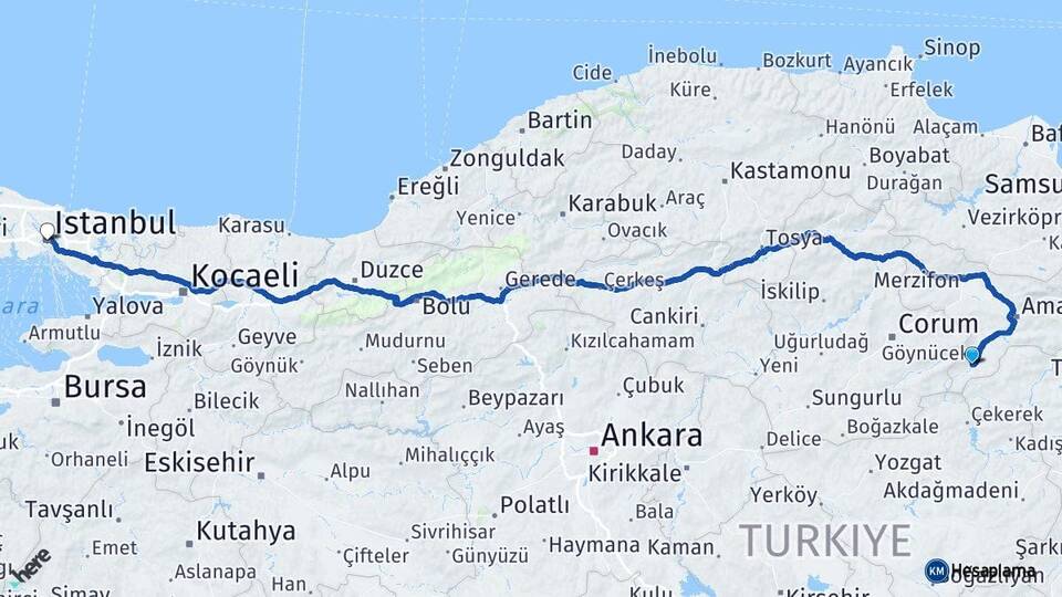 Amasya Göynücek İstanbul Arası Kaç Km - Yol Haritası