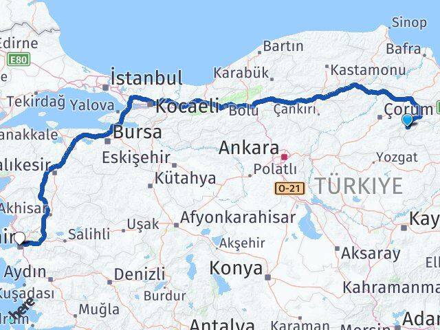 Amasya Göynücek İzmir Arası Kaç Km - Yol Haritası