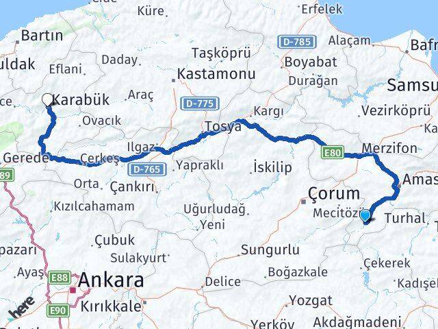 Amasya Göynücek Karabük Arası Kaç Km - Yol Haritası