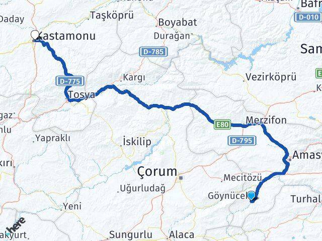 Amasya Göynücek Kastamonu Arası Kaç Km - Yol Haritası