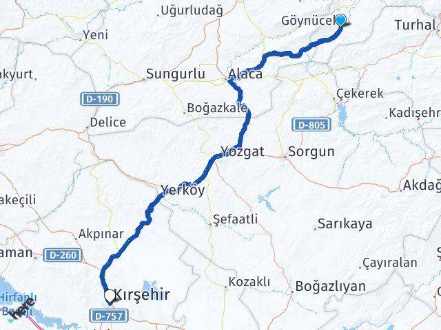 Amasya Göynücek Kırşehir Arası Kaç Km - Yol Haritası