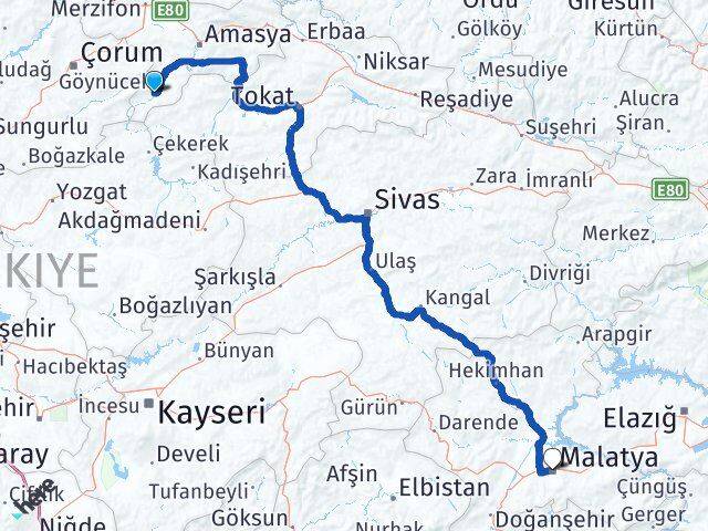 Amasya Göynücek Malatya Arası Kaç Km - Yol Haritası