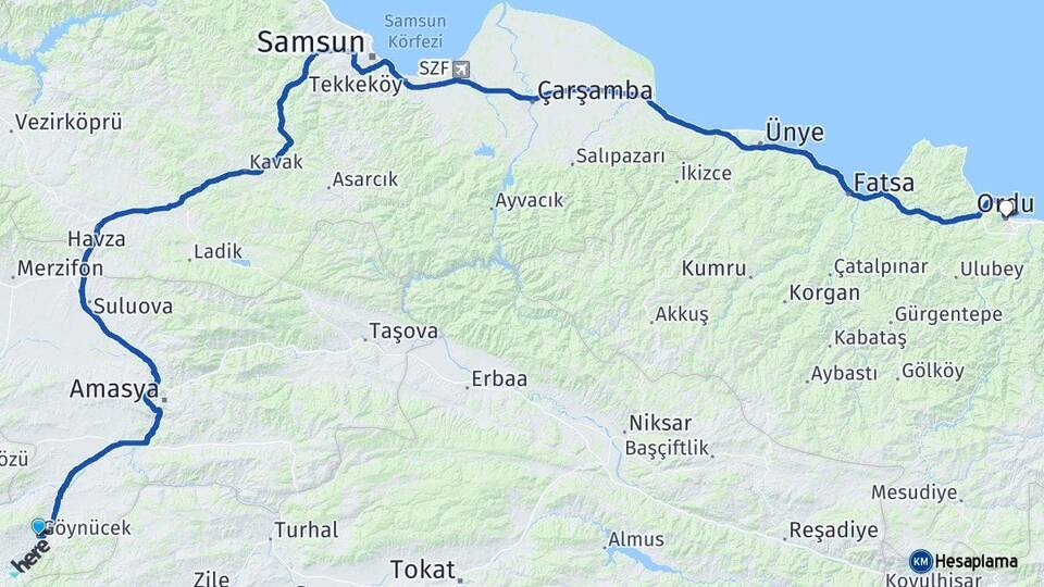 Amasya Göynücek Ordu Arası Kaç Km - Yol Haritası