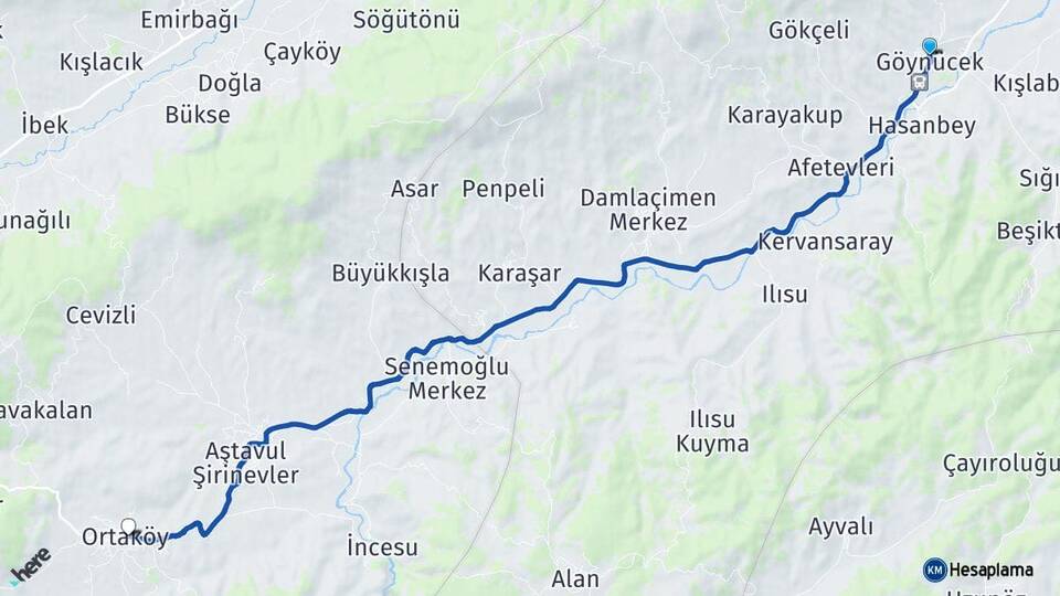 Amasya Göynücek Ortaköy Çorum Arası Kaç Km - Yol Haritası