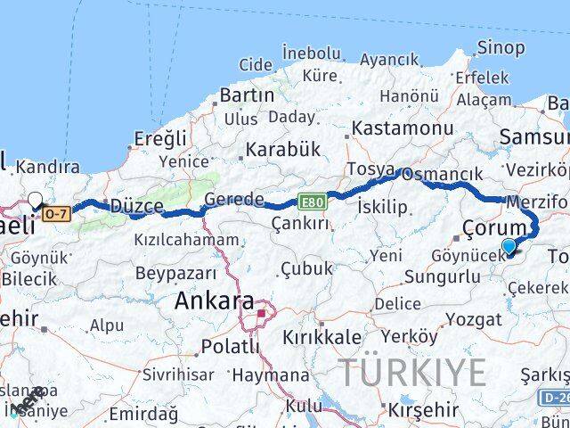 Amasya Göynücek Sakarya Arası Kaç Km - Yol Haritası