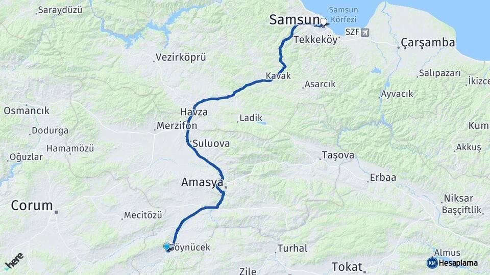 Amasya Göynücek Samsun Arası Kaç Km - Yol Haritası