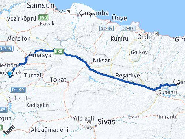 Amasya Göynücek Şebinkarahisar Giresun Arası Kaç Km - Yol Haritası