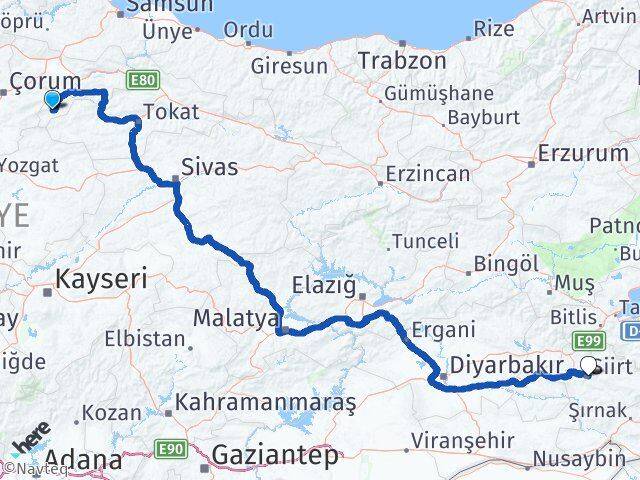 Amasya Göynücek Siirt Arası Kaç Km - Yol Haritası
