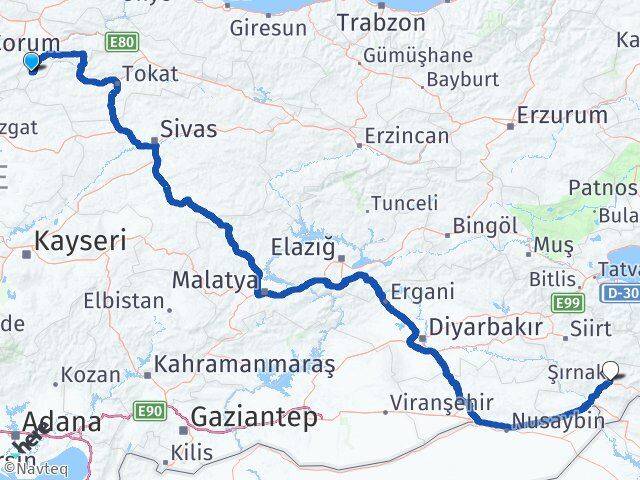 Amasya Göynücek Şırnak Arası Kaç Km - Yol Haritası