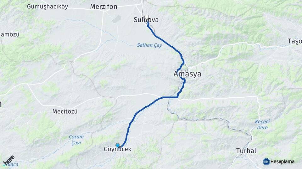 Amasya Göynücek Suluova Arası Kaç Km - Yol Haritası