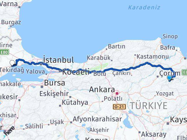 Amasya Göynücek Tekirdağ Arası Kaç Km - Yol Haritası