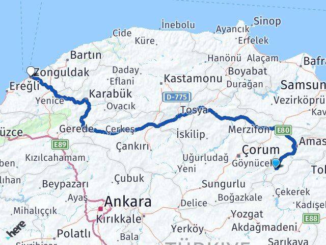 Amasya Göynücek Zonguldak Arası Kaç Km - Yol Haritası