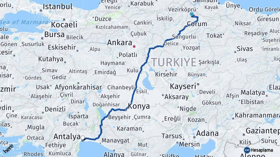 Amasya Gümüşhacıköy Antalya Arası Kaç Km - Yol Haritası