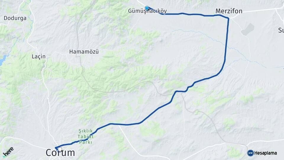 Amasya Gümüşhacıköy Çorum Arası Kaç Km - Yol Haritası