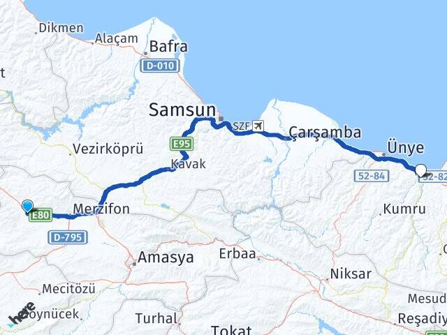 Amasya Gümüşhacıköy Fatsa Ordu Arası Kaç Km - Yol Haritası