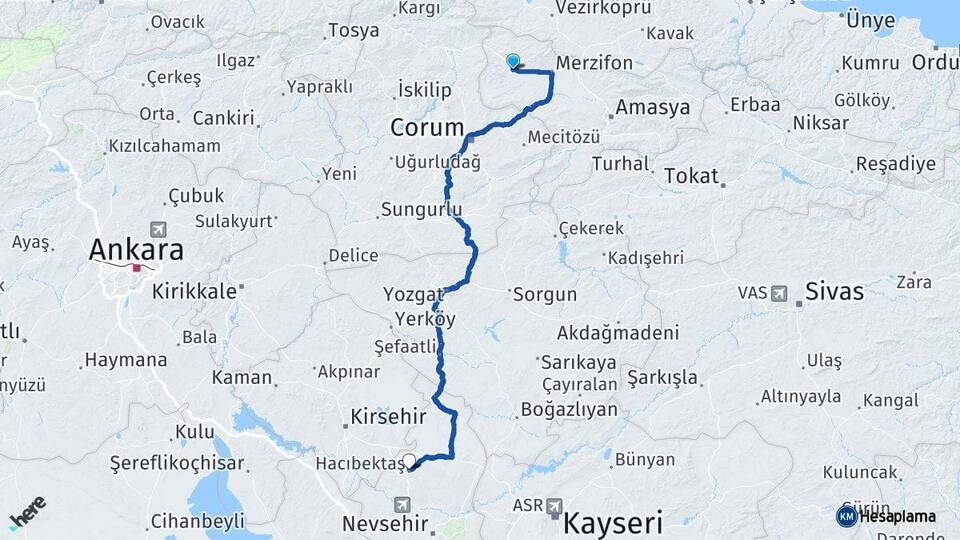 Amasya Gümüşhacıköy Hacıbektaş Nevşehir Arası Kaç Km - Yol Haritası