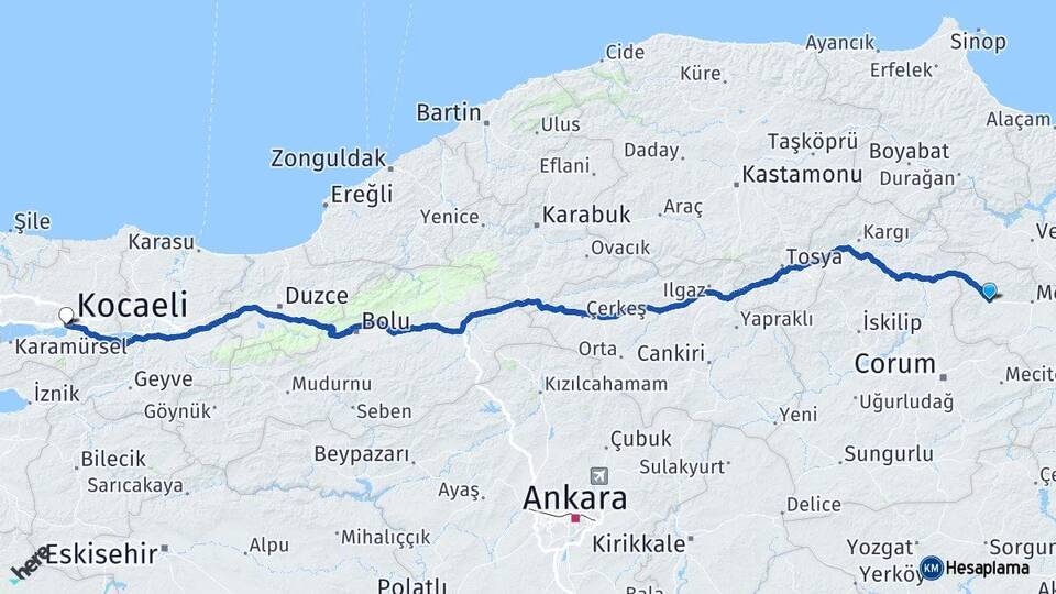 Amasya Gümüşhacıköy İzmit Kocaeli Arası Kaç Km - Yol Haritası