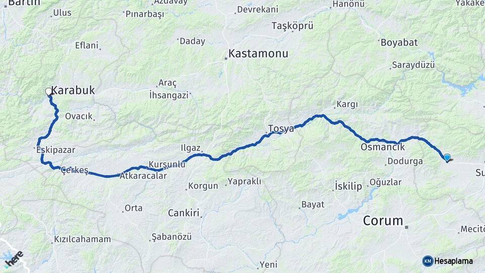 Amasya Gümüşhacıköy Karabük Arası Kaç Km - Yol Haritası