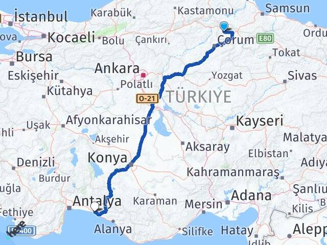 Amasya Gümüşhacıköy Manavgat Antalya Arası Kaç Km - Yol Haritası