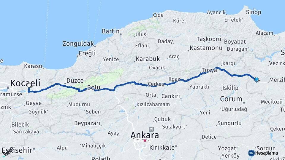 Amasya Gümüşhacıköy Sakarya Arası Kaç Km - Yol Haritası