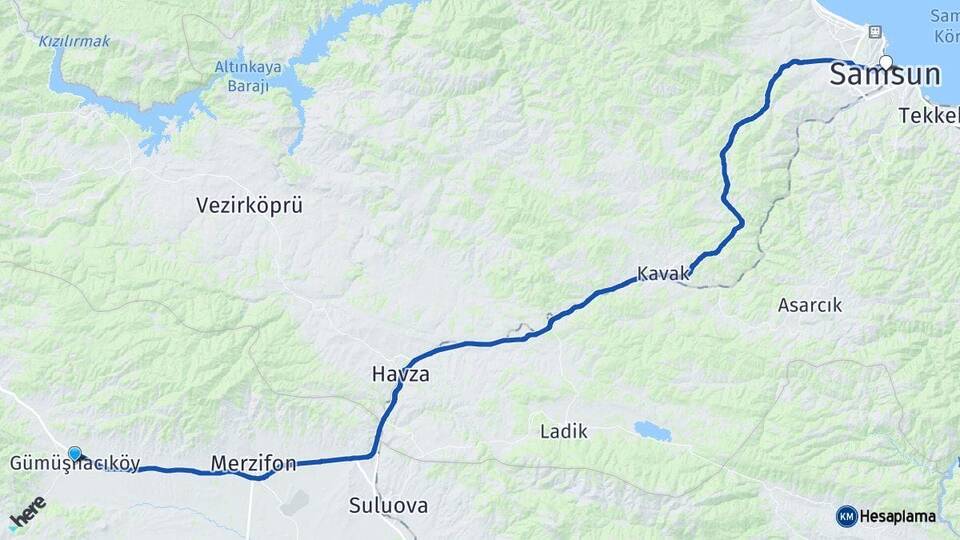 Amasya Gümüşhacıköy Samsun Arası Kaç Km - Yol Haritası