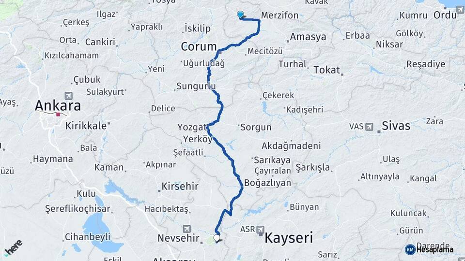 Amasya Gümüşhacıköy Ürgüp Nevşehir Arası Kaç Km - Yol Haritası