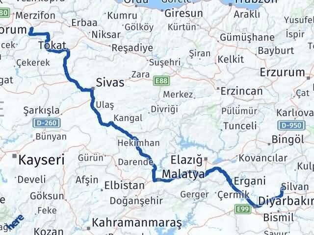 Amasya Hazro Diyarbakır Arası Kaç Km - Yol Haritası