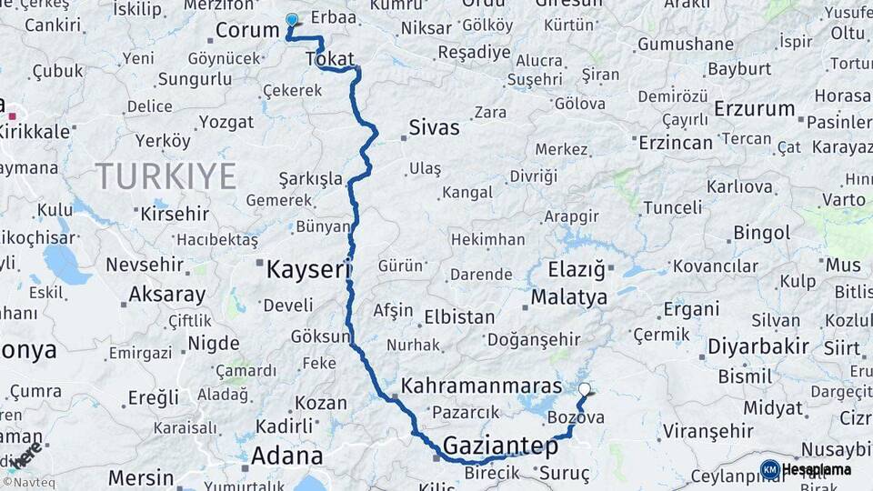 Amasya Hilvan Şanlıurfa Arası Kaç Km - Yol Haritası