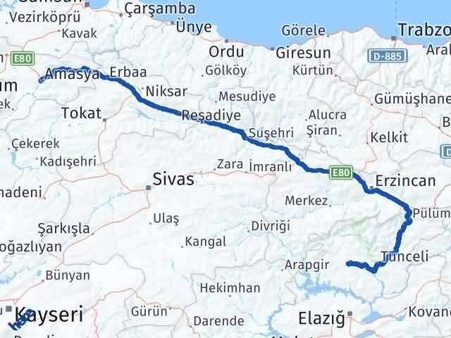 Amasya Hozat Tunceli Arası Kaç Km - Yol Haritası
