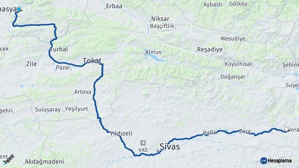 Amasya İmranlı Sivas Arası Kaç Km - Yol Haritası