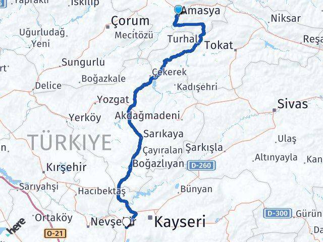 Amasya İncesu Kayseri Arası Kaç Km - Yol Haritası
