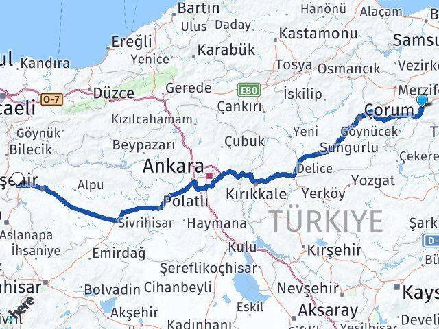 Amasya İnönü Eskişehir Arası Kaç Km - Yol Haritası