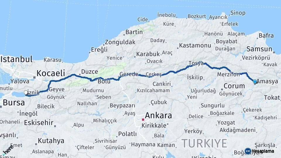 Amasya İznik Bursa Arası Kaç Km - Yol Haritası