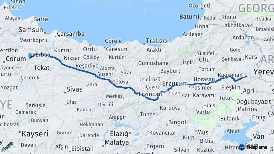 Amasya Kağızman Kars Arası Kaç Km - Yol Haritası