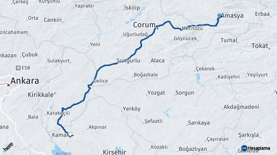 Amasya Kaman Kırşehir Arası Kaç Km - Yol Haritası