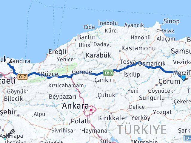 Amasya Kandıra Kocaeli Arası Kaç Km - Yol Haritası