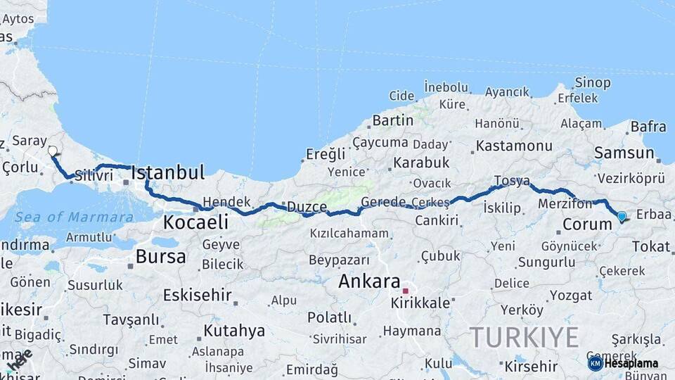 Amasya Kapaklı Tekirdağ Arası Kaç Km - Yol Haritası