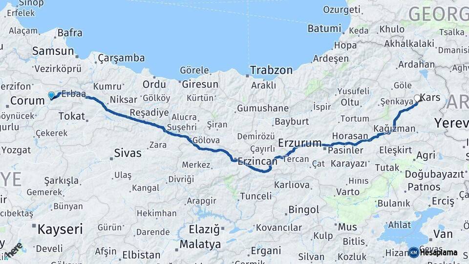 Amasya Kars Arası Kaç Km - Yol Haritası