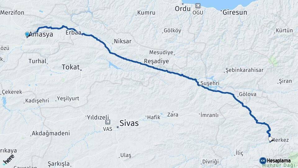 Amasya Kemah Erzincan Arası Kaç Km - Yol Haritası