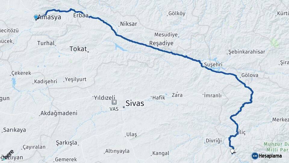 Amasya Kemaliye Erzincan Arası Kaç Km - Yol Haritası