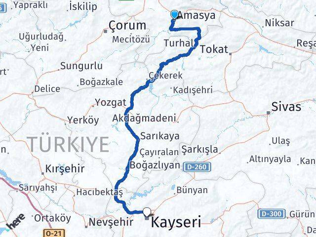 Amasya Kocasinan Kayseri Arası Kaç Km - Yol Haritası