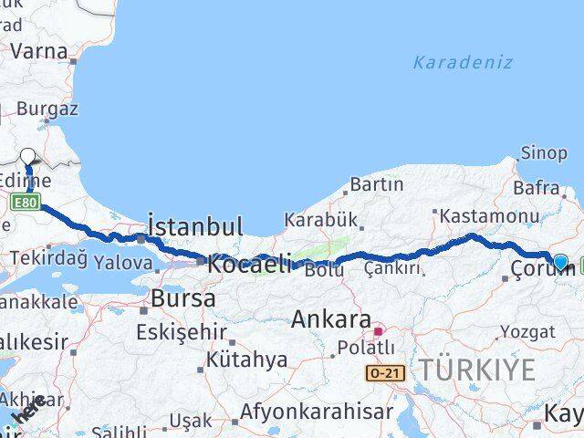 Amasya Kofçaz Kırklareli Arası Kaç Km - Yol Haritası