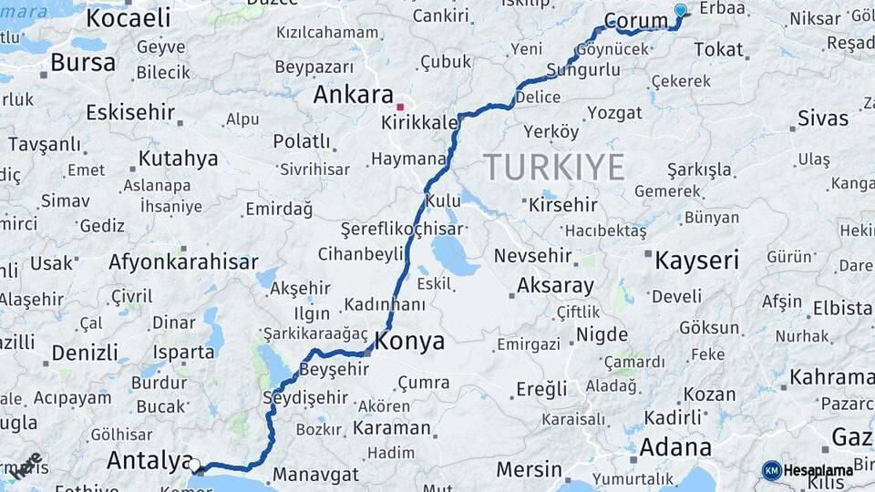 Amasya Konyaaltı Antalya Arası Kaç Km - Yol Haritası