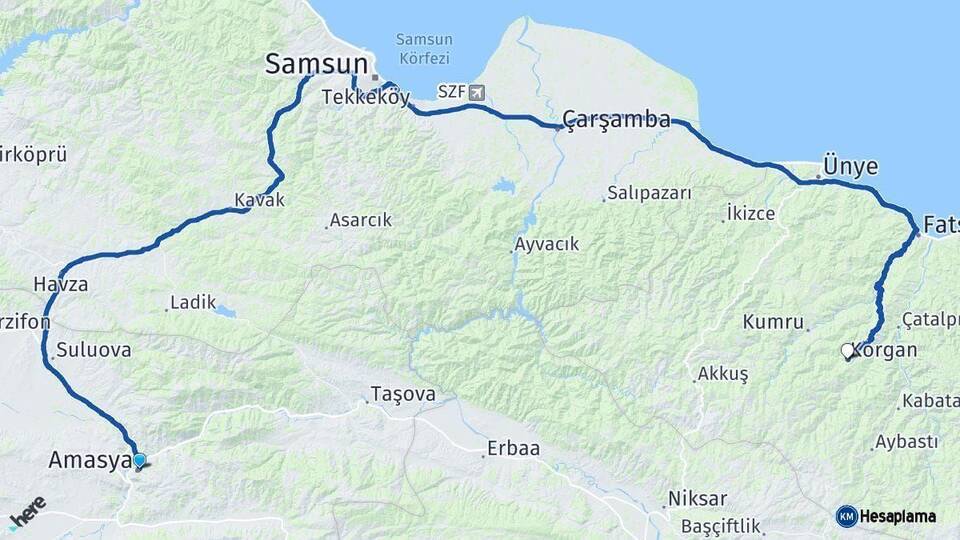 Amasya Korgan Ordu Arası Kaç Km - Yol Haritası