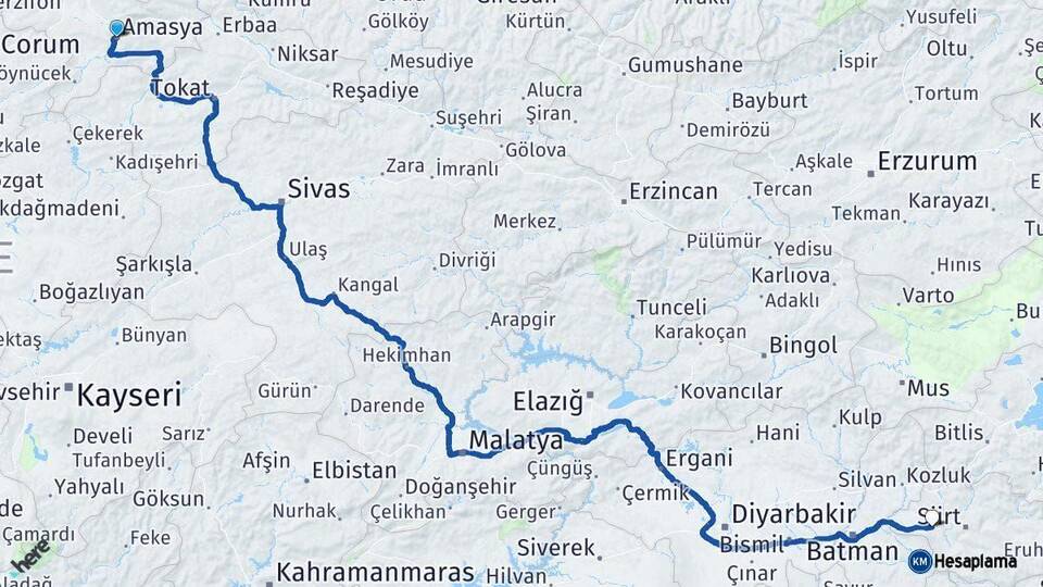Amasya Kurtalan Siirt Arası Kaç Km - Yol Haritası