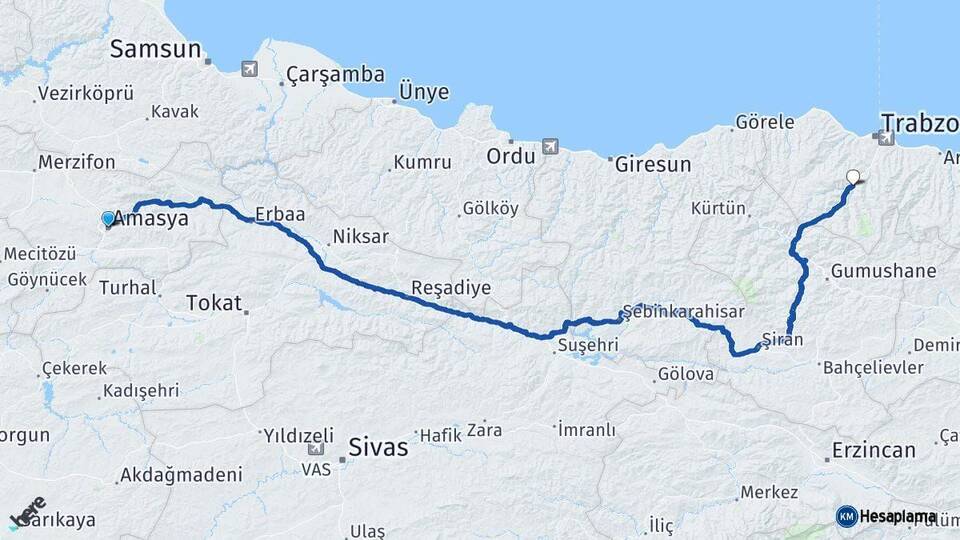 Amasya Maçka Trabzon Arası Kaç Km - Yol Haritası