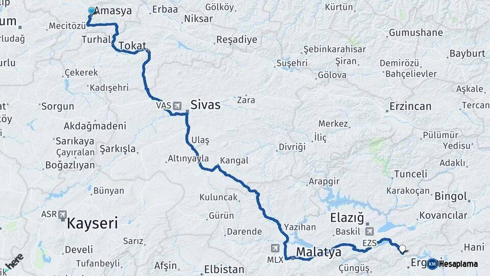 Amasya Maden Elazığ Arası Kaç Km - Yol Haritası