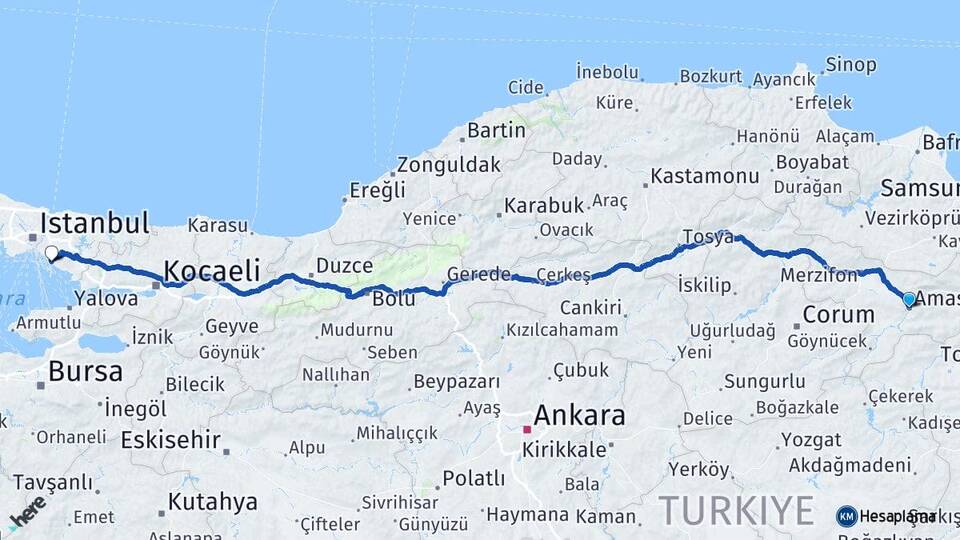Amasya Maltepe İstanbul Arası Kaç Km - Yol Haritası